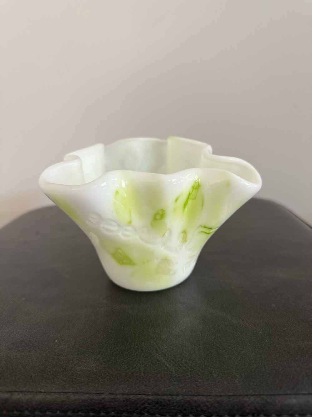 Vintage Small White & Lime Art Glass Ruffled Bowl/Vase